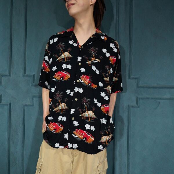 USA VINTAGE after Dark CAR PRINT OPEN COLLAR DESIGN RAYON SHIRT/アメリカ古着車プリントオープンカラーデザインレーヨンシャツ