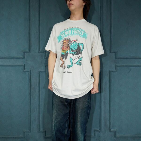 90's USA VINTAGE Carlos'n charlie's SENOR FROGS FROG PRINT DESIGN T SHIRT/90年代アメリカ古着カエルプリントデザインTシャツ
