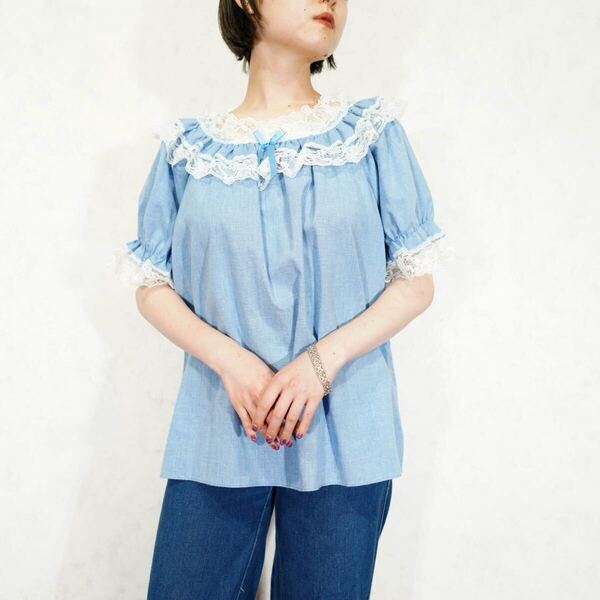 70's USA VINTAGE SQUARE UP FASHIONS LACE FRILL DESIGN TUNIC BLOUSE/70年代アメリカ古着レースフリルデザインチュニックブラウス