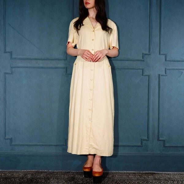 USA VINTAGE VIRGOⅡ FRONT BUTTON MESH DESIGN LINEN ONE PIECE/アメリカ古着フロントボタンメッシュデザインリネンワンピース