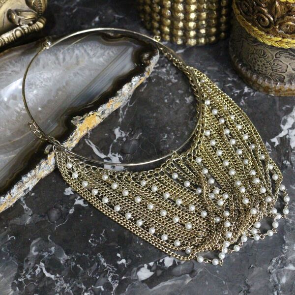 USA VINTAGE PEARL STONE MULTI CHAIN DESIGN NECKLACE/アメリカ古着パールストーンマルチチェーンデザインネックレス