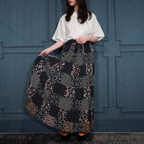 USA VINTAGE JACK POT FLOWER PATTERNED PATCHWORK DESIGN LONG SKIRT/アメリカ古着花柄パッチワークデザインロングスカート