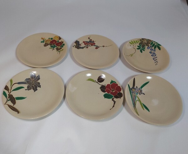 共箱○ 三浦竹軒 造 乾山写絵替 皿 六枚 京焼 茶道具 花柄 和食器 銘々皿 レトロ