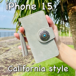 iPhone 15 レザーケース☆アイフォン手帳型カバー☆スエード&コンチョ☆