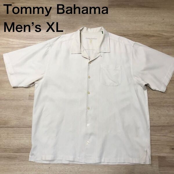 【送料無料】 Tommy Bahamaシルク100 %アロハシャツ アイボリーベージュ系 メンズXLサイズ トミーバハマハワイアンシャツ半袖シャツ絹