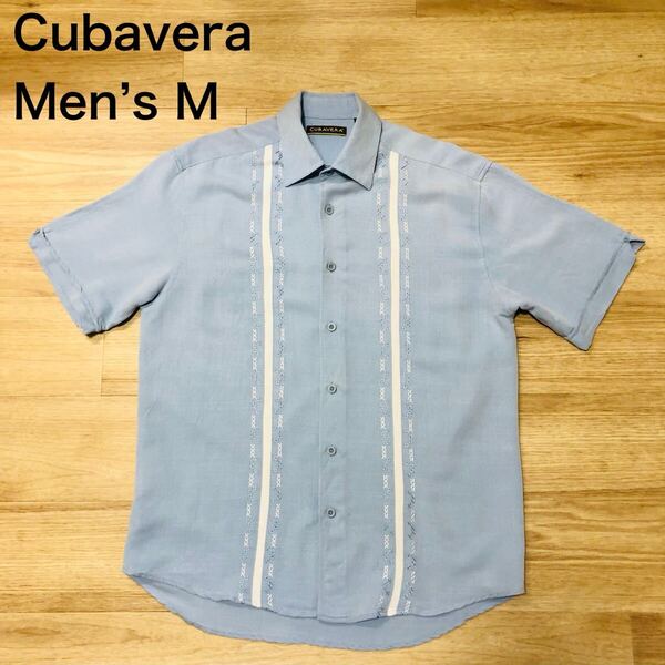 【送料無料】Cubaveraレーヨン78%ポリエステル22%半袖シャツ水色刺繍 メンズMサイズ キューバベラキューバシャツアロハシャツハワイアン