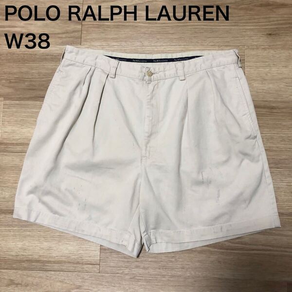 【送料無料】使用感ありPOLO RALPH LAURENチノショートパンツ アイボリー系メンズw38サイズ ポロラルフローレンショーツボトムス大きい