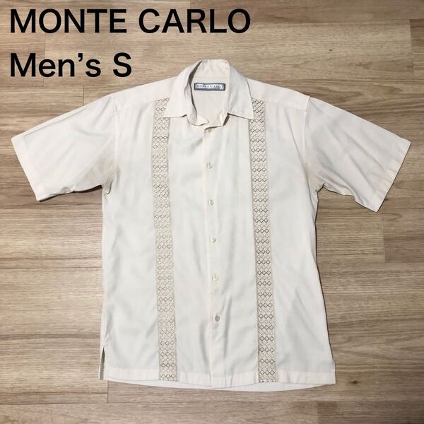 【送料無料】やや汚れありMONTR CARLOポリエステル55%レーヨン45%半袖シャツ メンズSサイズ モンテカルロキューバシャツアロハシャツ