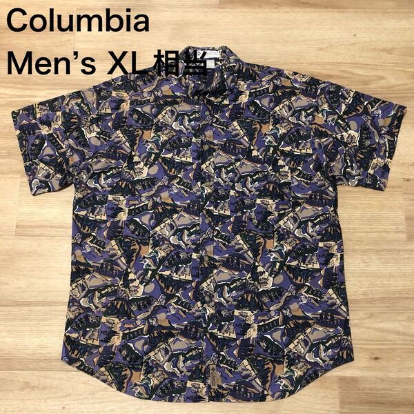 【送料無料】Columbiaボタンダウンアロハシャツ 紫系総柄メンズXLサイズ相当 コロンビア半袖シャツハワイアンシャツアウトドア