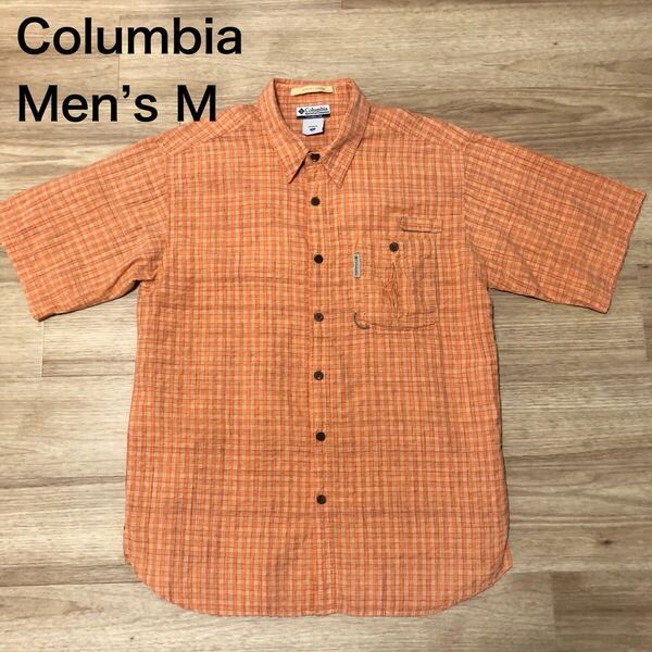 【送料無料】Columbia半袖シャツ シワ加工オレンジチェック柄 メンズMサイズ コロンビアアウトドアシャツ登山