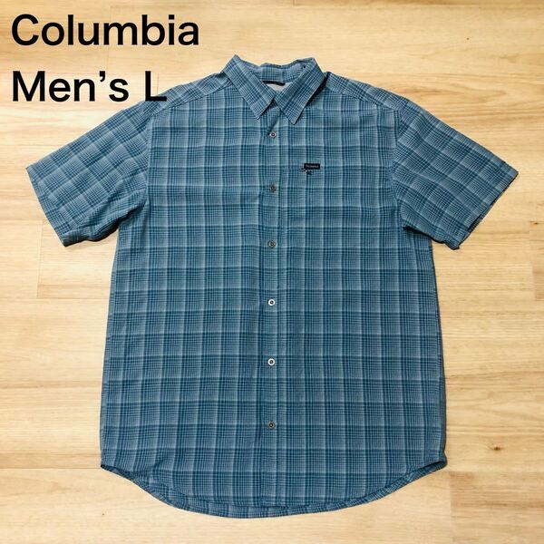 【送料無料】Columbia半袖シャツ くすみ青系チェック柄 メンズLサイズ コロンビアアウトドアシャツ登山