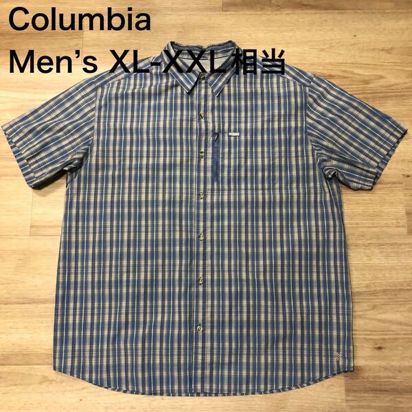 【送料無料】Columbia半袖シャツ 青系チェック柄 メンズXL-XXLサイズ相当 コロンビアアウトドアシャツ登山