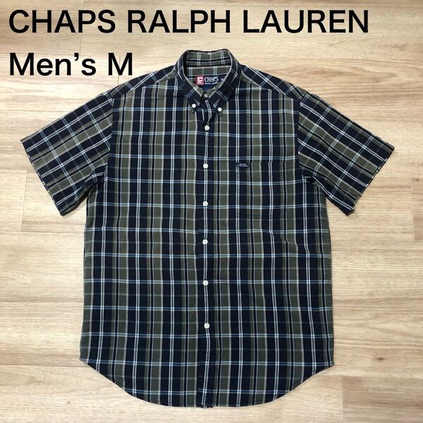 【送料無料】90s CHAPS RALPH LAUREN半袖シャツ ネイビーオリーブチェック柄 メンズMサイズ チャップスラルフローレン