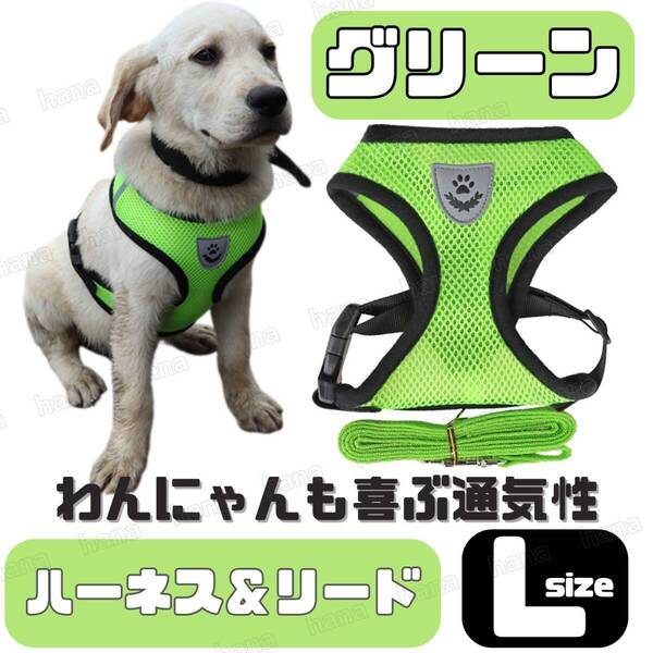 ハーネス リード メッシュ ペット 犬用 猫用 散歩 抜けない 脱げない 首輪 胴輪 超小型犬用 小型犬用 Lサイズ 緑 グリーン