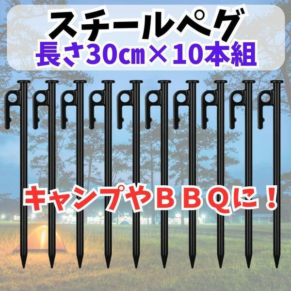 294 【高耐久】スチールペグ 30cm 10本組 キャンプ タープ テント 黒 予備 丈夫 硬い地面にも打ち込める 滑り止め アウトドア