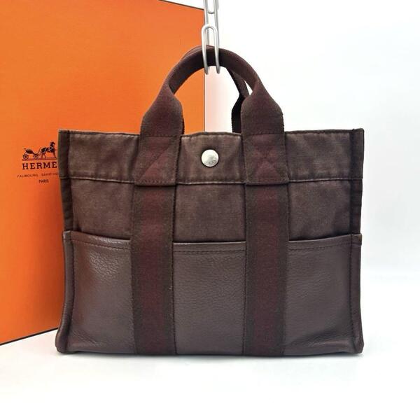 HERMES エルメス フールトゥPM ハーフレザー ブラウン キャンバス シルバー金具 ハンドバッグ トートバッグ 手提げかばん ミニトート