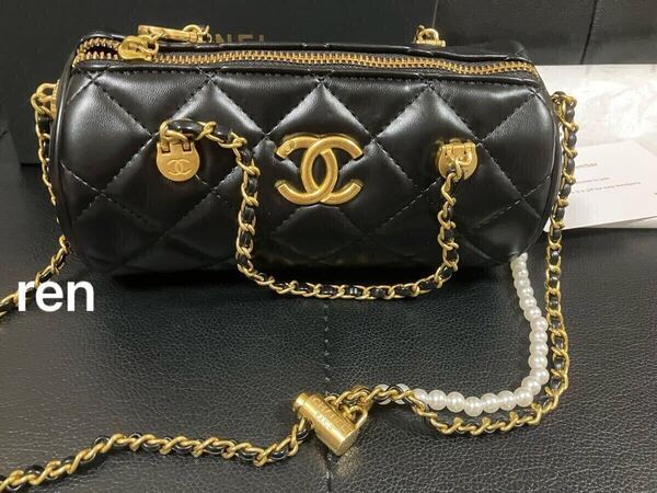 新品 CHANEL シャネル ノベルティ ショルダーバッグ ロールバッグ パール ゴールドチェーン ブラック