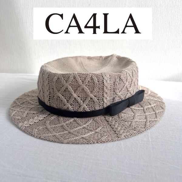 【CA4LA】網目模様リボン付きカンカン帽【日本製】カシラ 麦わら帽子 ハット レディース