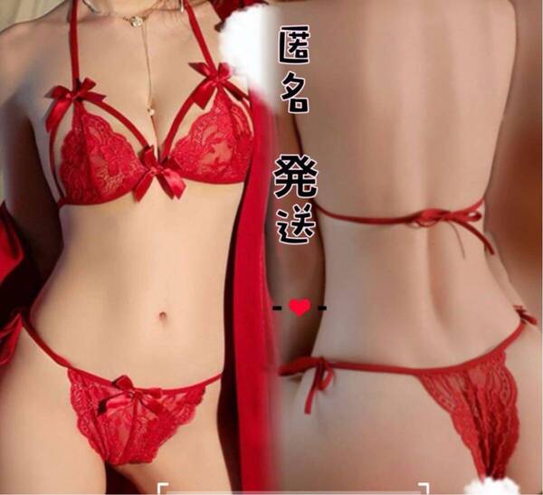セクシーランジェリー オープンクロッチ ビキニ穴あき下着2点セット赤