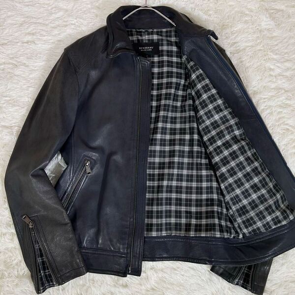 BURBERRY BLACK LABEL バーバリーブラックレーベル ライダースジャケット 羊革 ラムレザー ネイビー Mサイズ 裏地チェック柄 ダブルジップ