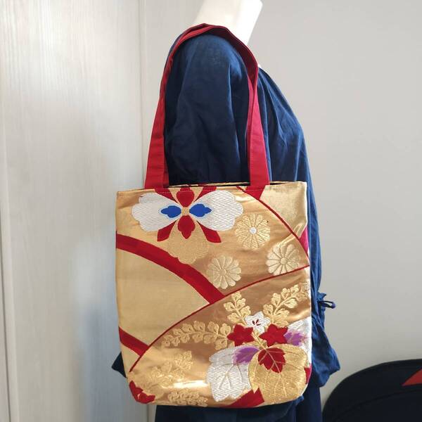 送料無料★着物帯リメイク★金糸銀糸の桐刺繍 正絹トートバッグ