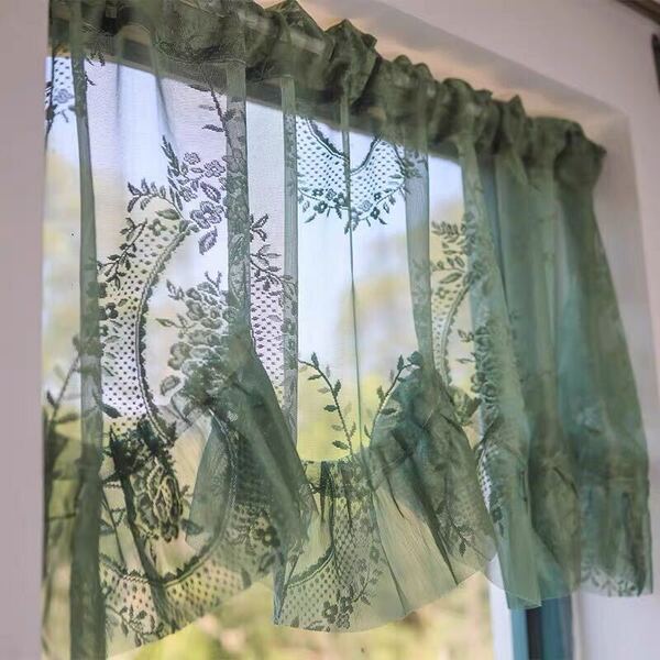 カフェカーテン グリーン フリル付き グリーン系 緑 刺繍 可愛い 目隠し 丈40cm幅100cm 1枚 飾り