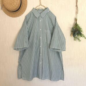 新品★サマンサモスモス★sm2★人気定番*ストライプ*シャツチュニック*羽織ブラウス*グリーン