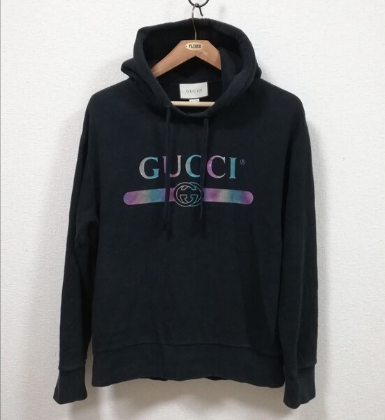 GUCCI グッチ パーカー ブラック ロゴ レインボー Mサイズ 黒 フーディー 送料無料