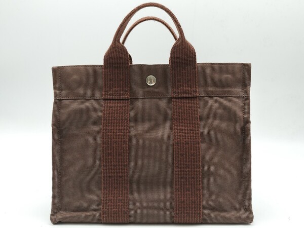 良品 HERMES エルメス エールラインPM 新型金具 トートバッグ ブラウン キャンバス ハンドバッグ バッグ 送料無料