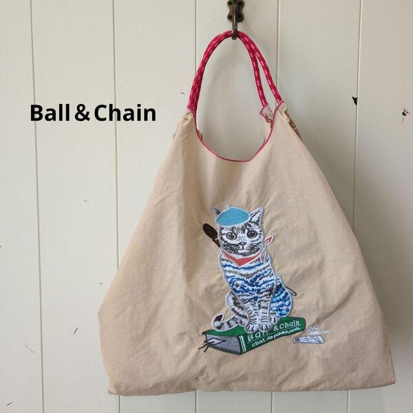 Ball&Chain ボール&チェーン 刺繍 猫 エコバッグ 大きめ ベージュ