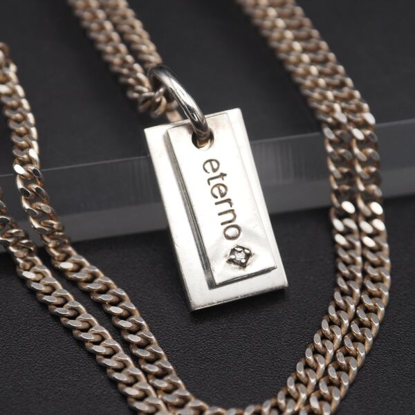 B342 ヴィンテージ STERLING SILVER925刻印 ペンダント バータグ ダイヤモンド風 メッセージ クロス ネックレス デザイン シルバー