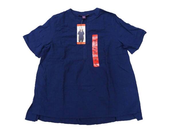 H-270 新品 Gloria Vanderbilt トップス 半袖 シャツ Vネック サッカー生地 レディース オーバーブラウス【M】ネイビー 薄手