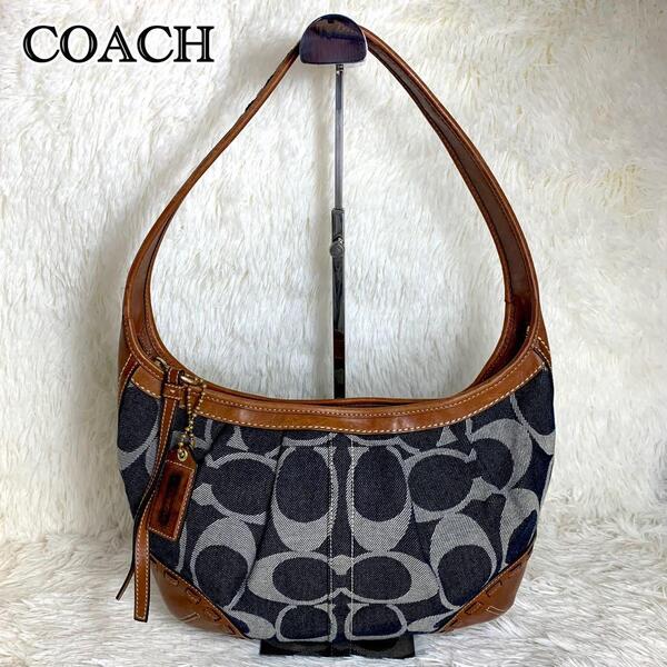 【極美品】COACH コーチ ショルダーバッグ トートバッグ ハンドバッグ シグネチャー レザー キャンバス ネイビー ブラウン ゴールド金具
