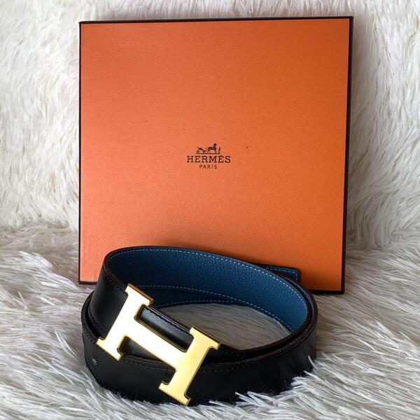 【極美品】HERMES エルメス ベルト コンスタンス リバーシブル ブラック 黒 ブルー 青 ゴールド金具 レザー 本革 95サイズ □H 男女兼用