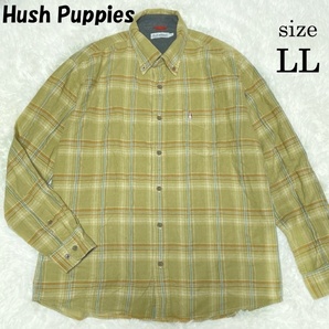 【良品】 Hush Puppies 大きいサイズ チェック柄 刺繍ロゴ コーデュロイシャツ LL メンズシャツ カジュアルシャツ ハッシュパピー