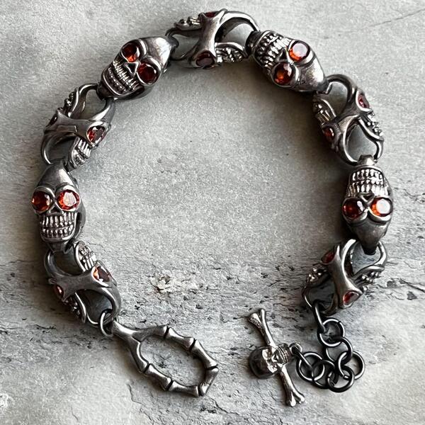VINTAGE ヴィンテージ シルバー レッドアイスカル チェーン ブレスレット マンテル 髑髏 925 刻印 アンティーク SILVER