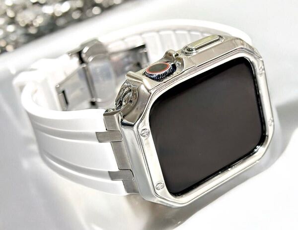 銀厚☆ホワイトシルバー アップルウォッチバンド ラバーベルト Apple Watch ケース カバー 38mm 40mm 41mm 42mm 44mm 45mm 46mm 49mm