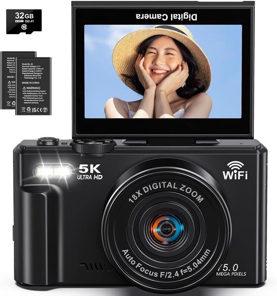ラスト1点デジカメ 5K デジタル 5K録画 7500万画素 コンパクト 18倍デジタルズーム 180度回転可能 スクリーン AFオートフォーカス