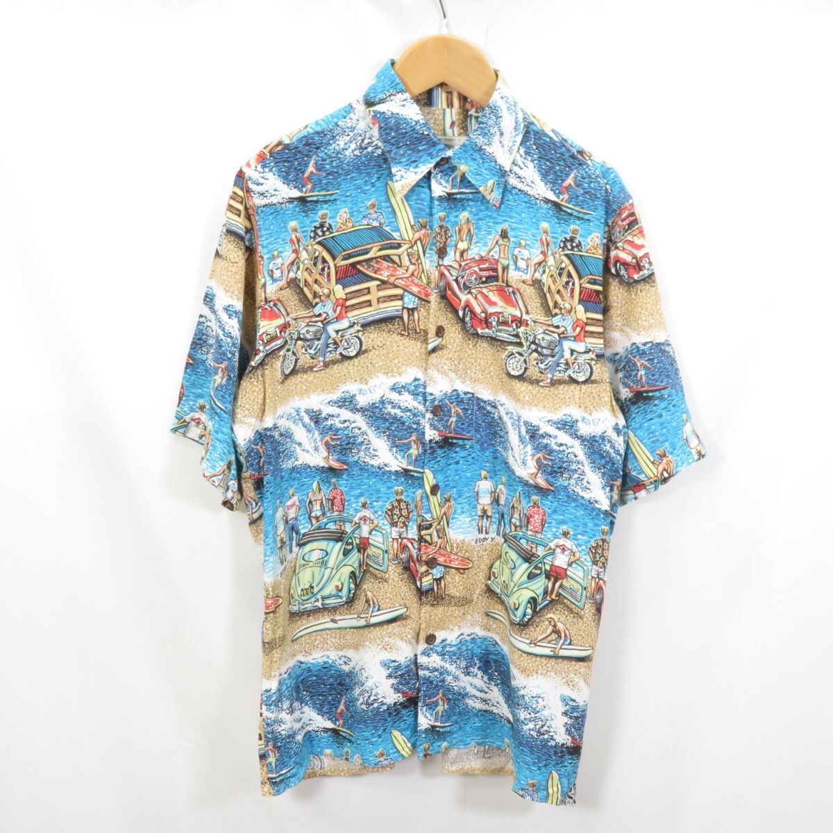 ハワイ製 reyn spooner ART OF EDDY Y サーフィン風景柄 レーヨン アロハ ハワイアンシャツ sizeXS/レインスプーナー 0701