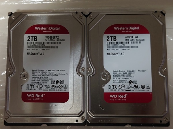 WESTERN DIGITAL Red WD20EFAX NX HA500 2個セット 2TB x2 4TB 3.5インチ SATA HDD WD ウェスタンデジタル レッド NASware3.0【中古】