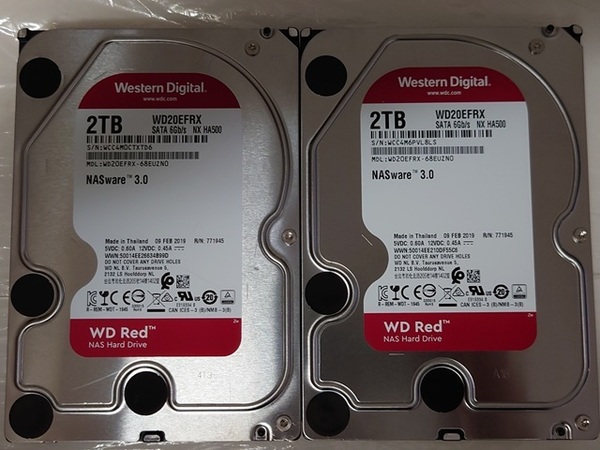 WESTERN DIGITAL Red WD20EFRX NX HA500 2個セット 2TB x2 4TB 3.5インチ SATA HDD WD ウェスタンデジタル レッド NASware3.0【中古】②