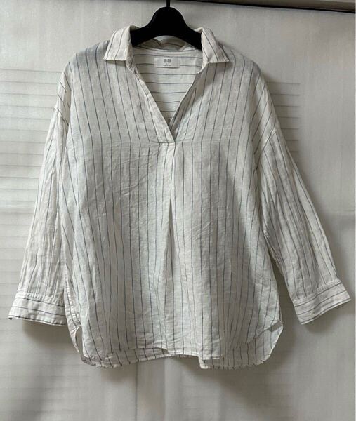 《UNIQLO》定番!スキッパーリネンシャツ*七分袖*ストライプ柄(白色×薄水色)*リネン(麻)100%*Lサイズ〜XLサイズ*万能!涼しい!