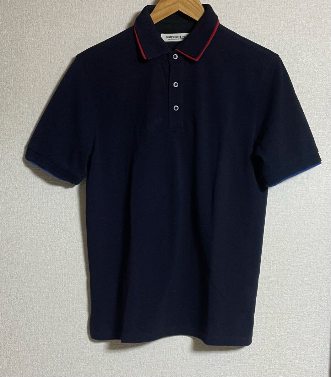 ネイビー ポロシャツ 赤襟 3ボタン　二重襟　二重袖　青い目のボタン