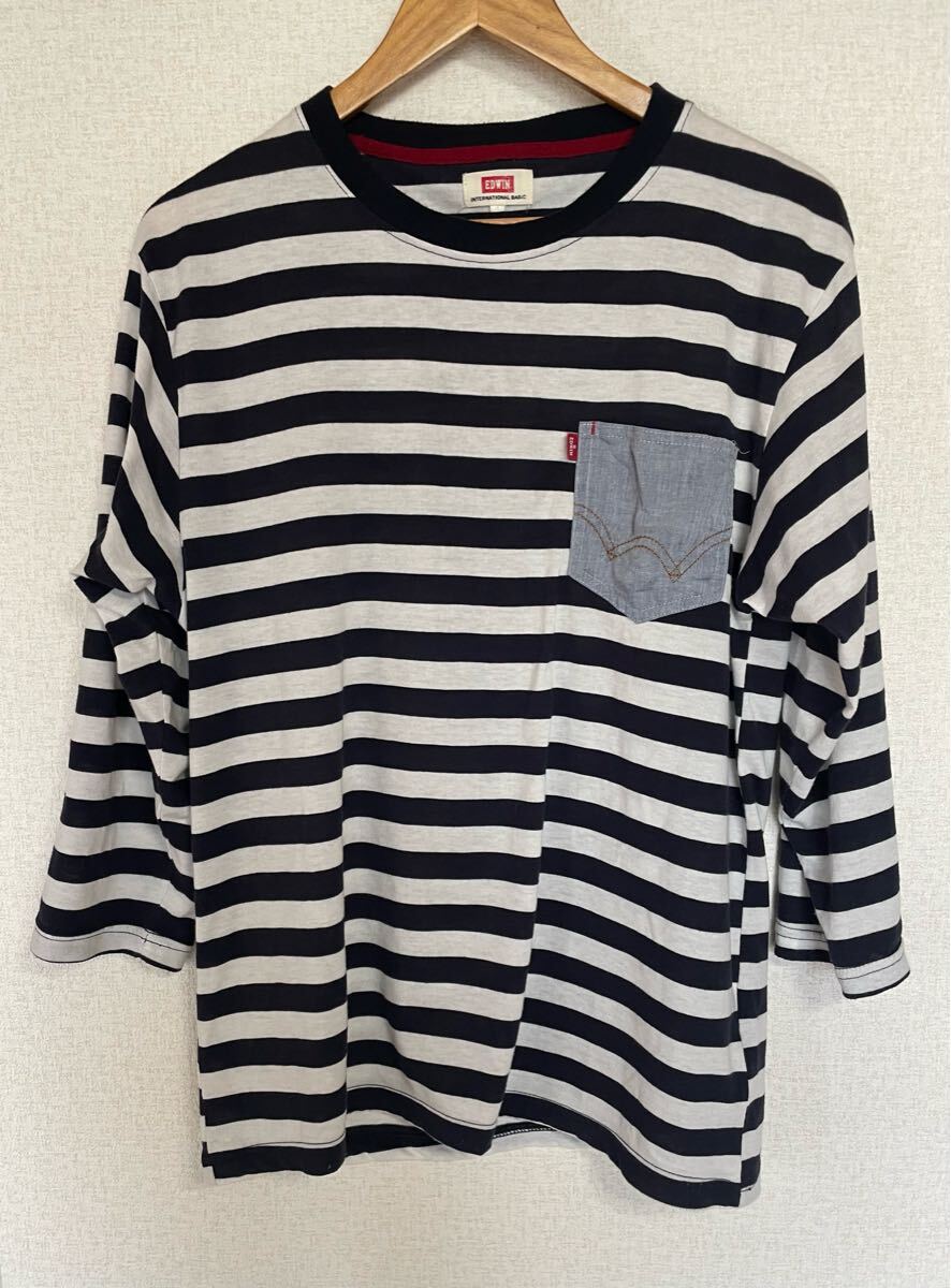 EDWIN ストライプ 七分袖カットソー ポケット付き