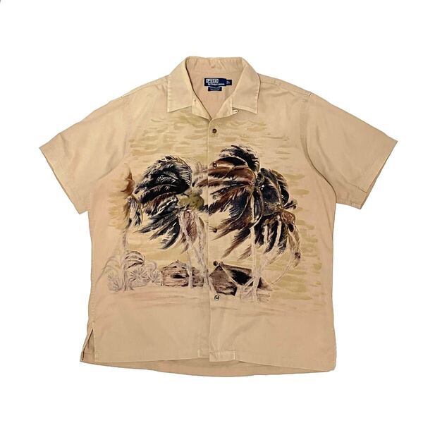 XL ポロ ラルフローレン アロハ 開襟 シャツ オープンカラーシャツ ヴィンテージ ハワイアン 半袖 ヤシの木 Vintage Camp カーキ プリント