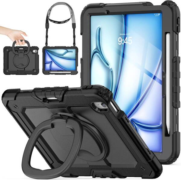 iPad Air(M3/M2) 11インチ リングハンドル耐衝撃ケース ペン収納 360°回転スタンド ショルダーストラップ 第7/6世代(ブラック)