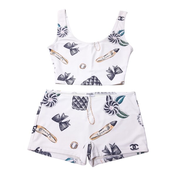 レア vintage CHANEL swimwear 1996 水着 ビキニ セットアップ ココマーク ノースリーブ ショート丈 パンツ クロップド チビT トップス 90s