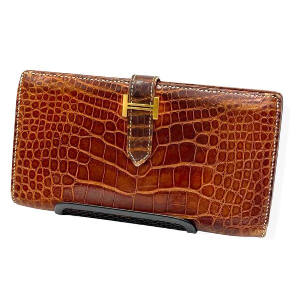 エルメス HERMES 長財布 ベアン クロコダイル アリゲーター ブラウン エキゾチックレザー クロコ ゴールド ロングウォレット cs16