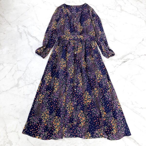 SLOBE IENA スローブイエナ マルチ フラワー プリント ワンピース ロング 花柄 長袖 ネイビー 紺 手洗い可