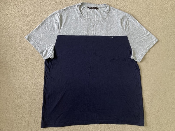 USED マイケルコース メンズ 2トーン MKロゴ Tシャツ Lサイズ グレー/ネイビー 灰紺 古着 半袖 カットソー MICHAEL KORS